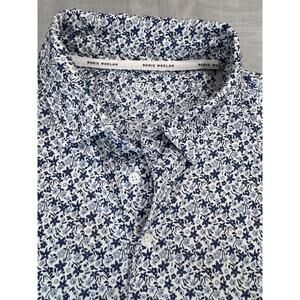 Rorie Whelan Floral Button Front Shirt Blue White Short Sleeve Stretch L